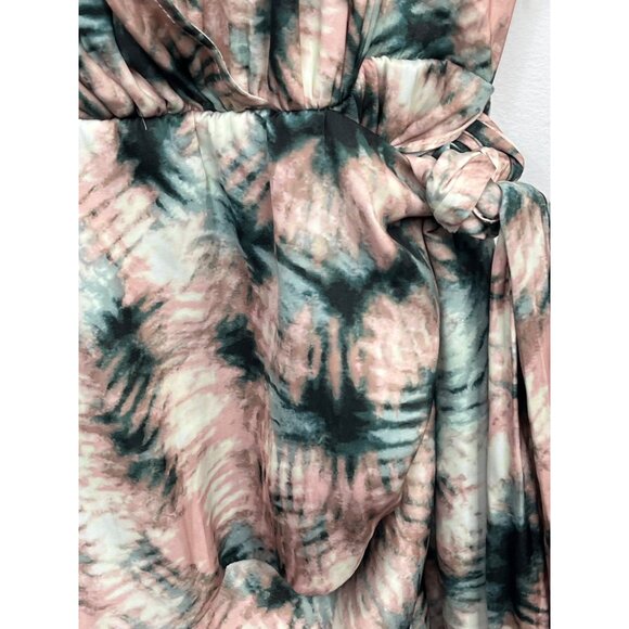 Tart Collections Wrap Dress Small Satin Tie Dye Mini Fall Style Pink Green - Picture 8 of 9